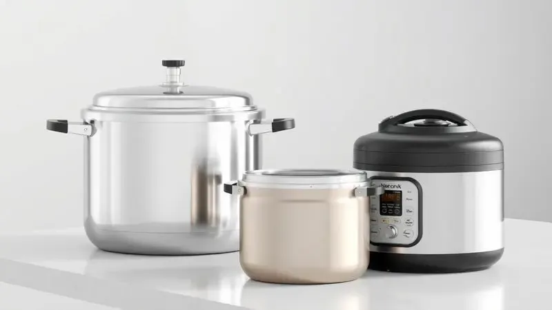 Renderização 3D de modelos genéricos de panelas de pressão de aço inox e elétrica lado a lado em uma bancada moderna.