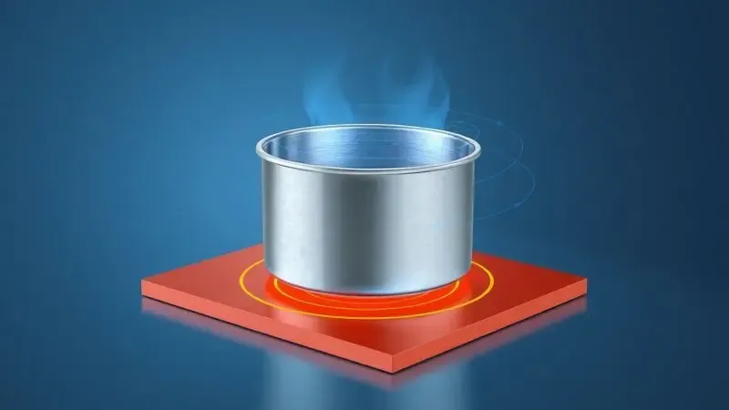 Ilustração 3D mostrando a base de uma panela e a interação magnética com a superfície de indução.