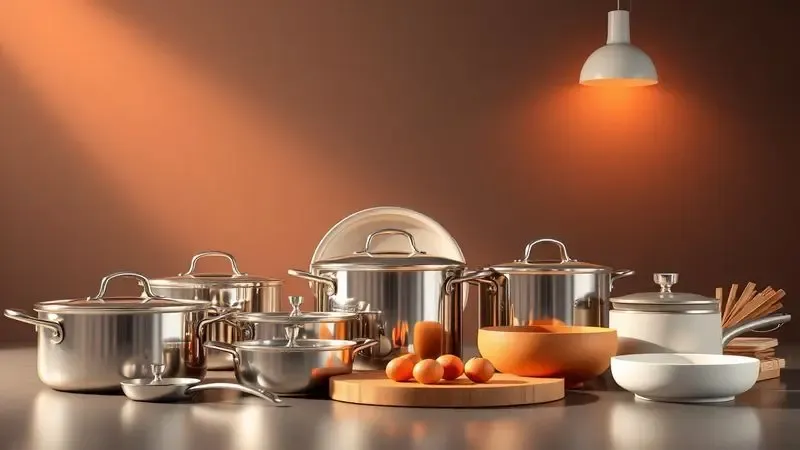 Diferentes tipos de panelas de metal e cerâmica organizados artisticamente em um ambiente de cozinha moderno.