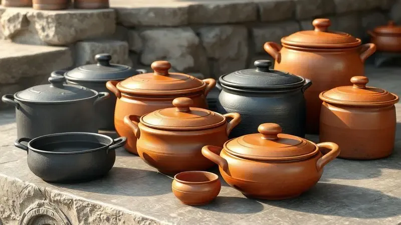 Renderização 3D conceitual de diversos tipos de panelas rústicas de ferro e barro sobre uma superfície de pedra.