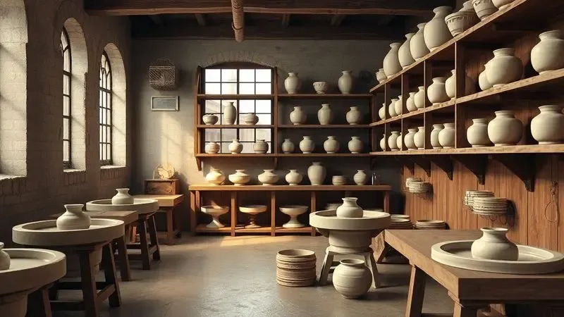 Representação artística de um ateliê de cerâmica clássico evocando a história da porcelana europeia.