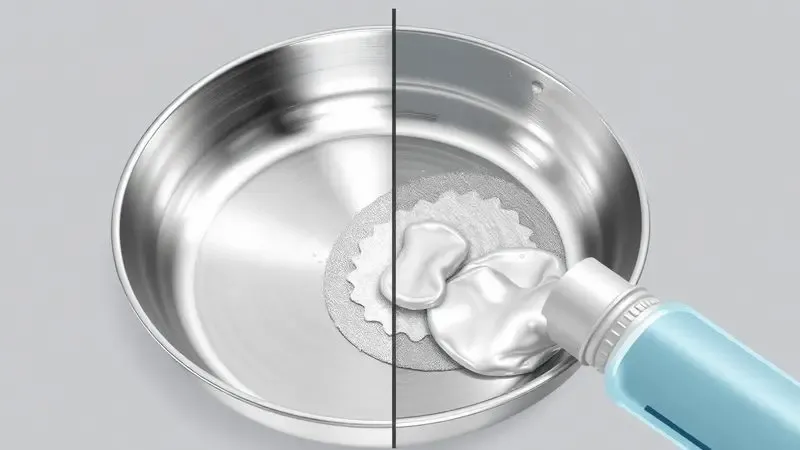 Ilustração artística mostrando o processo de limpeza e restauração do brilho metálico no fundo de uma panela queimada.