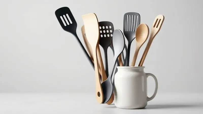 Ilustração digital de diversos utensílios de cozinha modernos organizados de forma harmônica e minimalista.