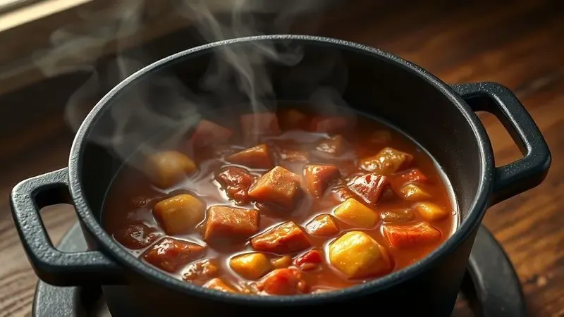 Ensopado quente dentro de uma panela de ferro fundido escura, destacando a retenção de calor e o estilo rústico e artesanal.