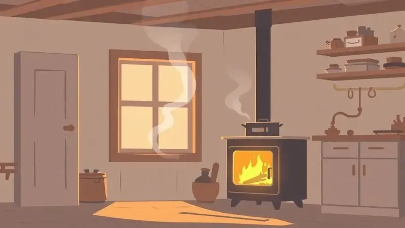 Ilustração digital de uma cozinha aconchegante com o calor de um fogão à lenha e panela fumegante.