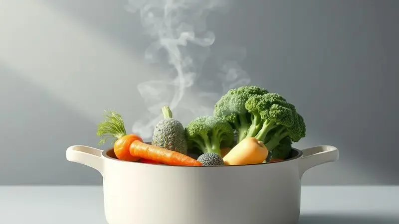 Alimentos saudáveis sendo preparados em uma panela de cerâmica clean, destacando o conceito de saúde e bem-estar.