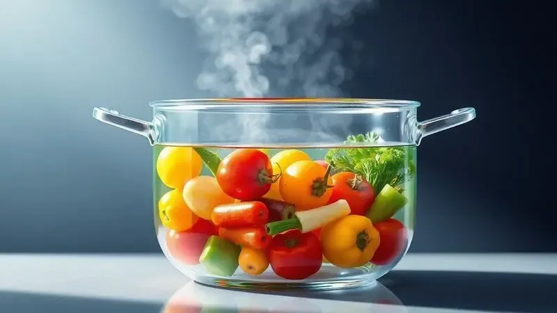 Representação digital de uma panela de vidro no fogo, destacando a transparência e a beleza dos ingredientes cozinhando.