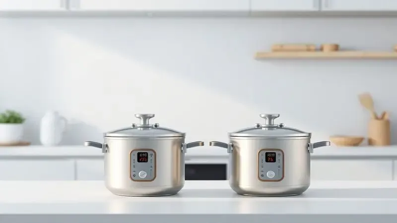 Ilustração 3D comparando a praticidade da tecnologia de cozimento moderna na cozinha em um ambiente minimalista.