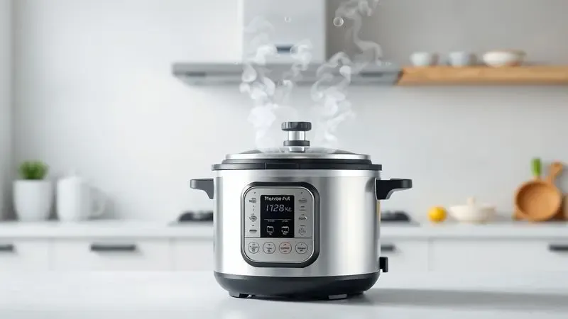 Representação 3D de uma panela de pressão com partículas de vapor dinâmicas, simbolizando velocidade e eficiência térmica no cozimento.