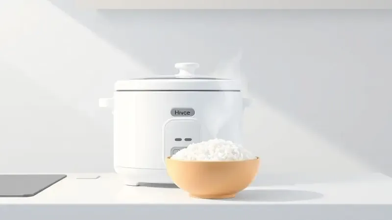 Ilustração digital de uma panela de arroz elétrica minimalista com uma tigela de arroz branco soltinho ao lado em um ambiente de cozinha clean.
