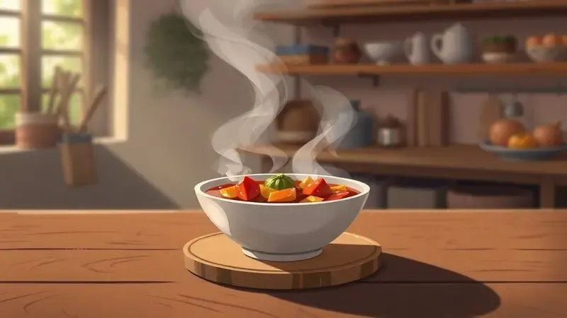 Ilustração digital de uma tigela de ensopado quente em uma mesa de madeira, representando o resultado final de uma receita.