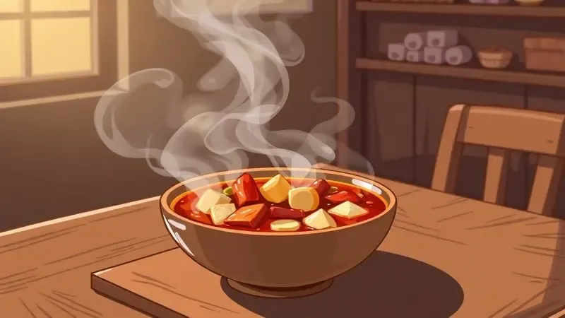 Ilustração de um prato de ensopado caseiro fumegante sobre uma mesa de madeira rústica.