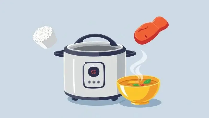 Ilustração digital criativa mostrando a variedade de pratos que podem ser preparados na panela elétrica.